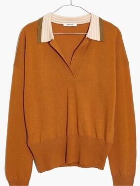 Madewell Merino Wool Golden Sunset Burnt Orange Polo Sweater Medium